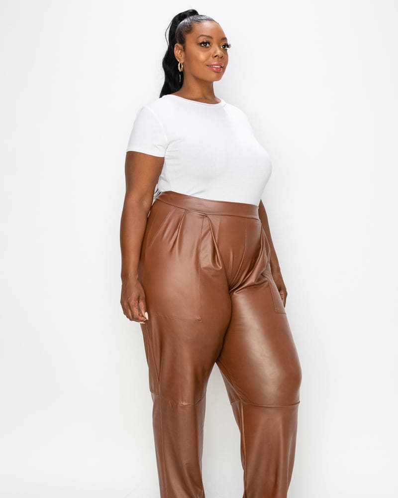 Plus Size Elise Vegan Leather Pocket Pants Camel